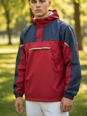 Boys LL Bean Red & Navy Windbreaker Rain Coat Jacket with Hood